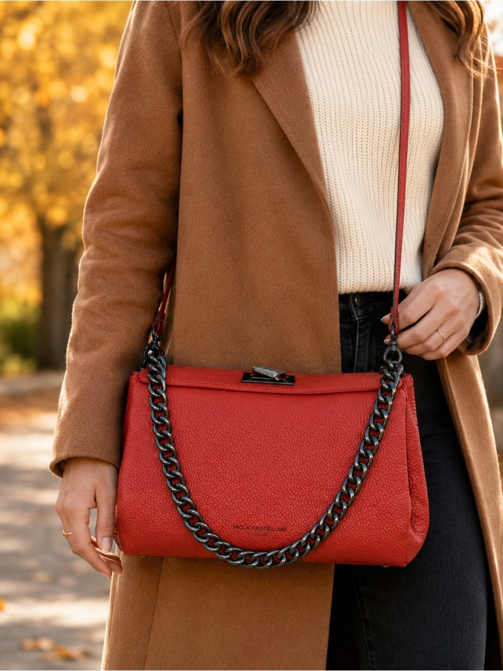 Italian Pumpkin Leather Chain Shoulder Bag Viola Castellani